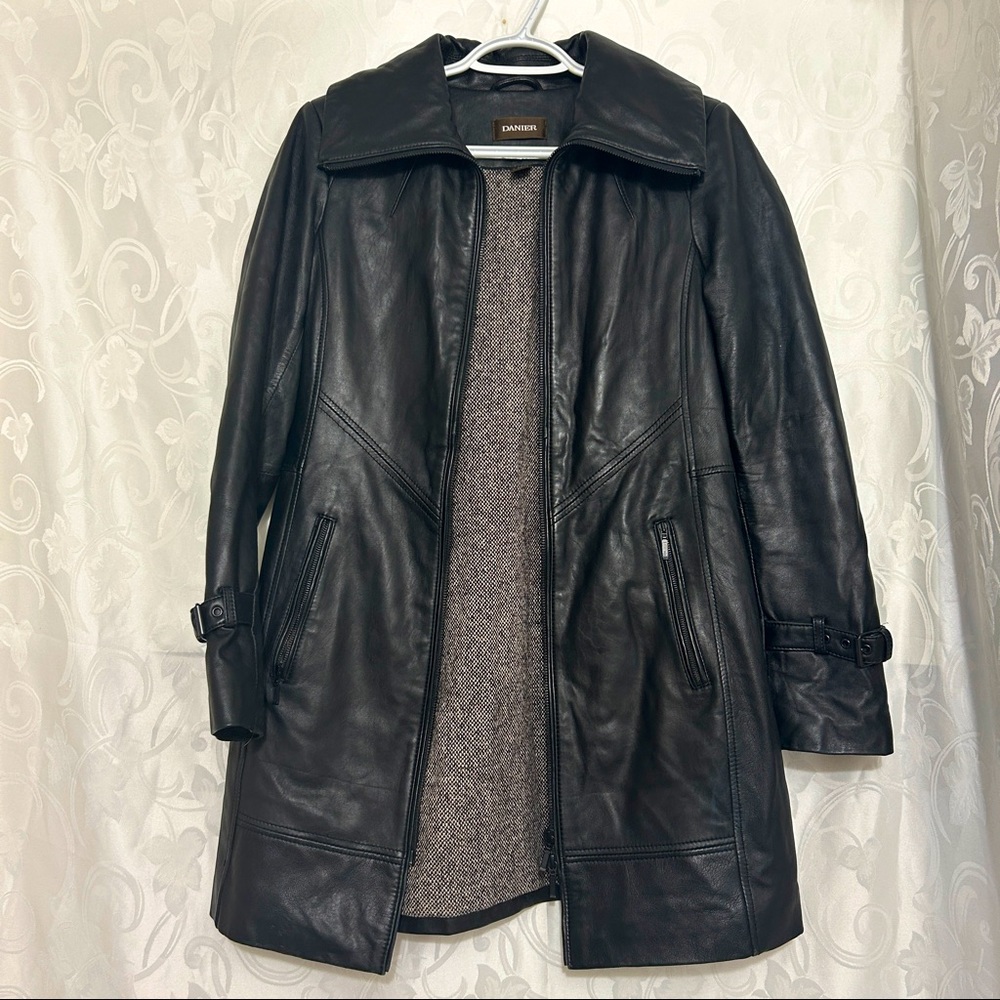DANIER Black Smooth Pebbled Leather Zippered Trench Jacket